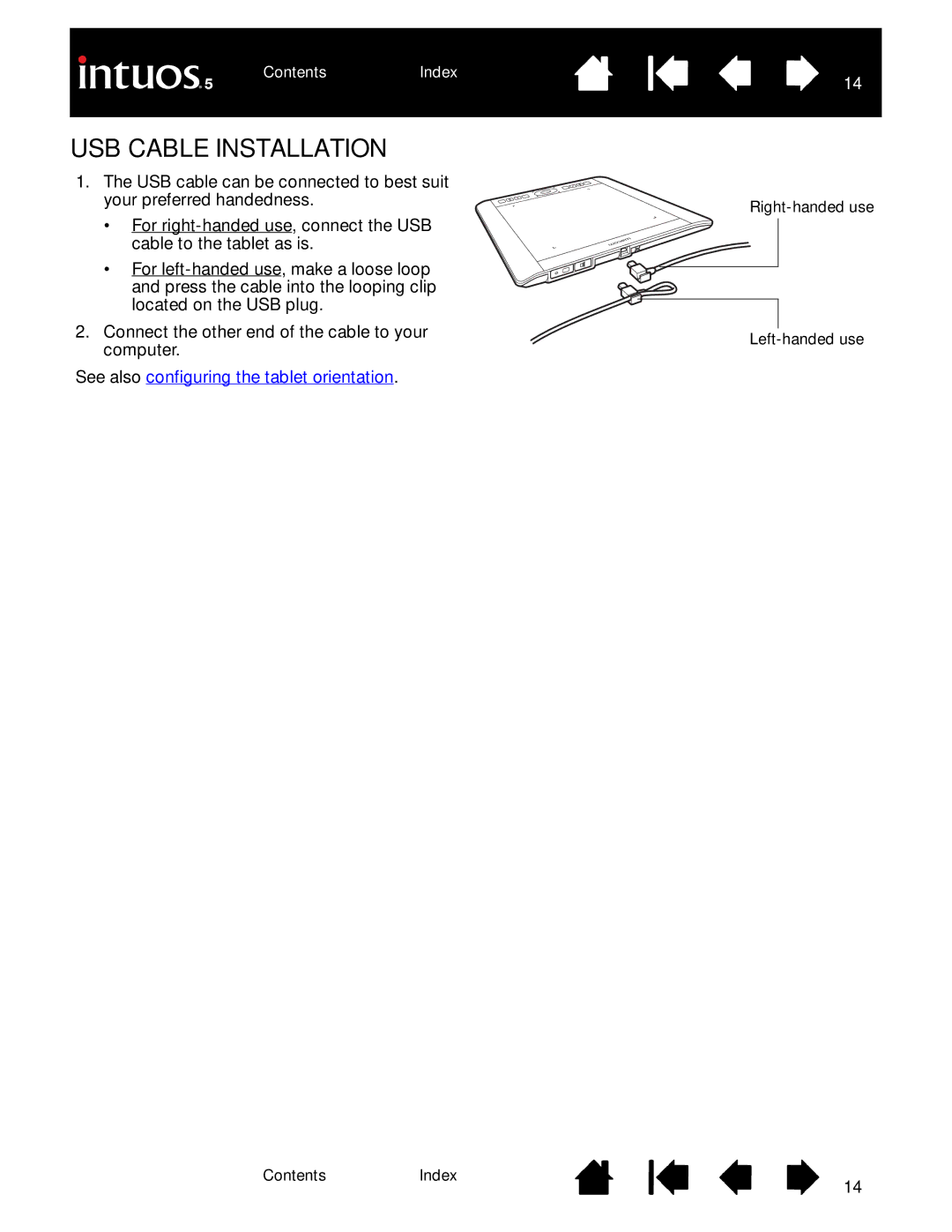 Wacom PTH-650, PTH-850, PTK-650, PTH-450, PTK-450 user manual USB Cable Installation 