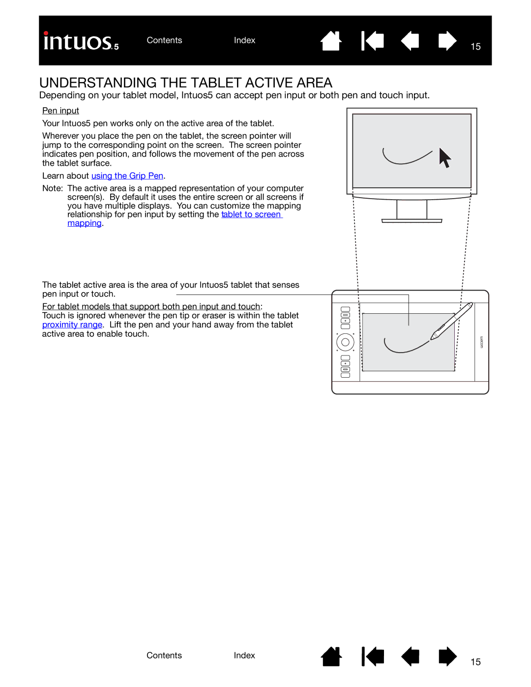 Wacom PTH-850, PTK-650, PTH-450, PTK-450, PTH-650 Understanding the Tablet Active Area, Learn about using the Grip Pen 