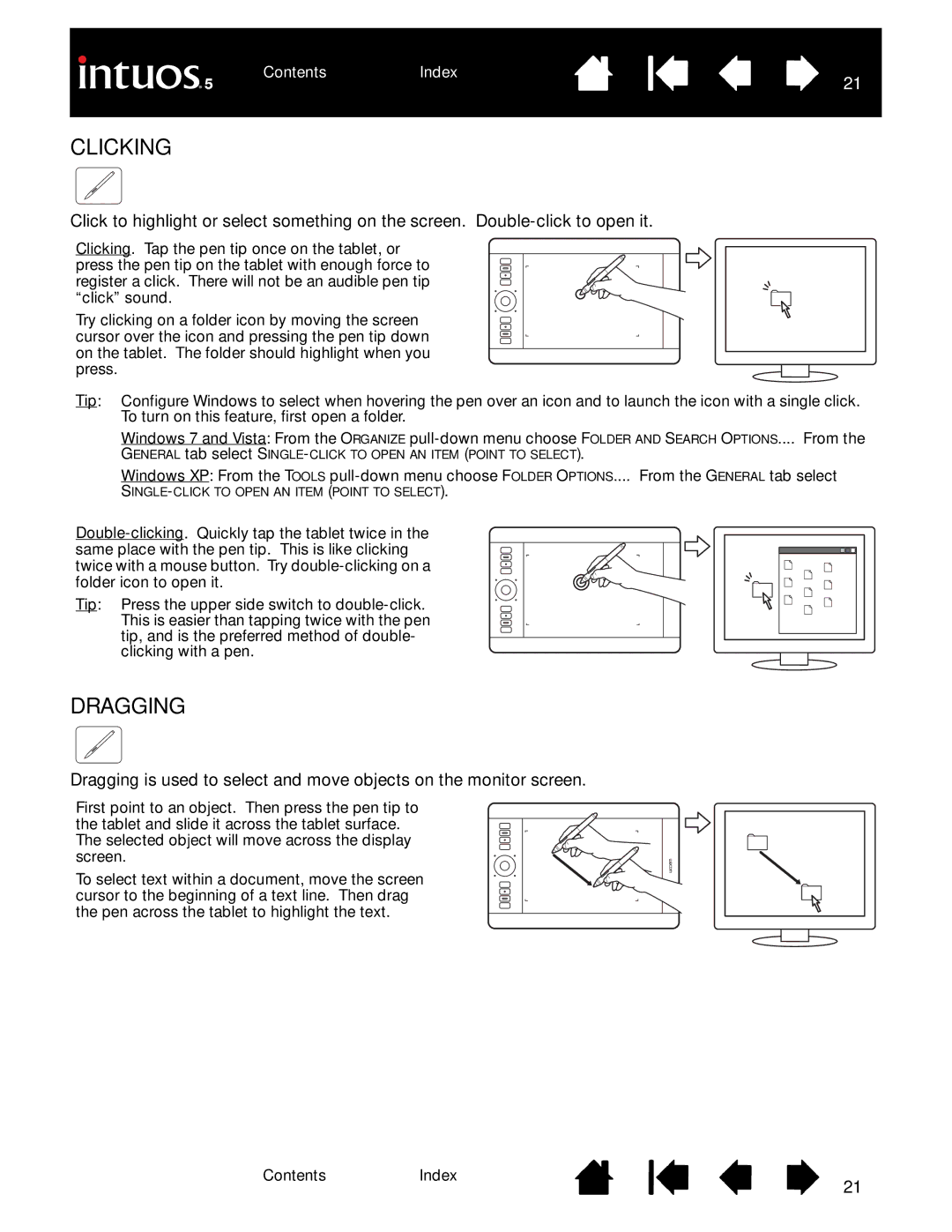 Wacom PTK-650, PTH-850, PTH-450, PTK-450, PTH-650 user manual Clicking, Dragging 