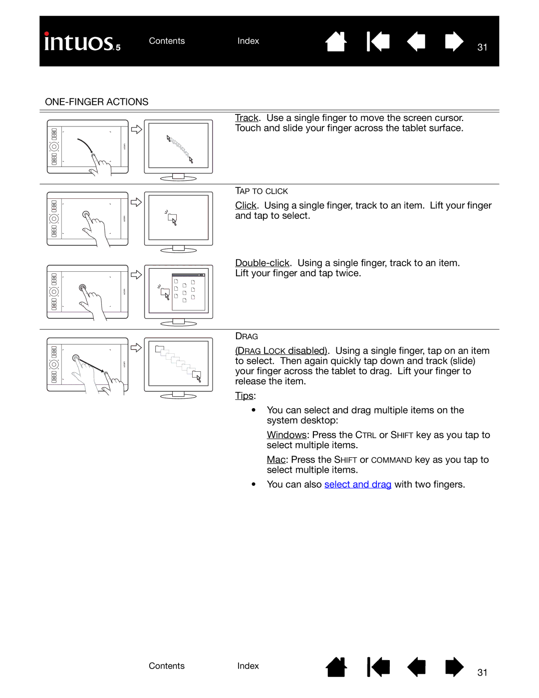 Wacom PTK-650, PTH-850, PTH-450, PTK-450, PTH-650 user manual ONE-FINGER Actions 