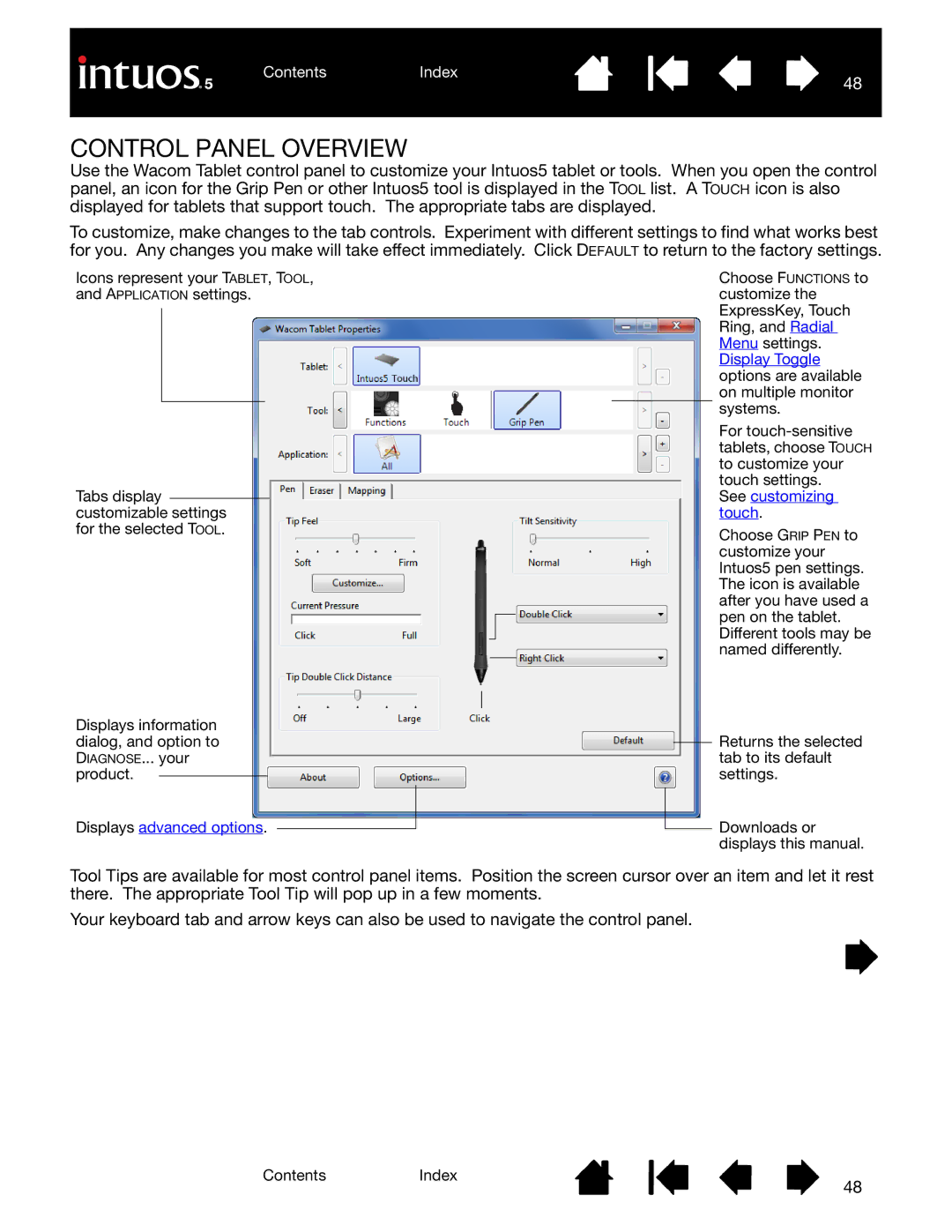 Wacom PTK-450, PTH-850, PTK-650, PTH-450, PTH-650 Control Panel Overview, Displays advanced options, See customizing touch 