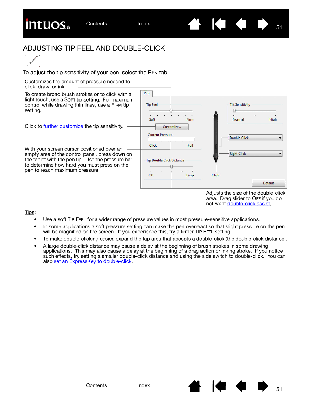 Wacom PTK-650, PTH-850, PTH-450, PTK-450, PTH-650 user manual Adjusting TIP Feel and DOUBLE-CLICK 