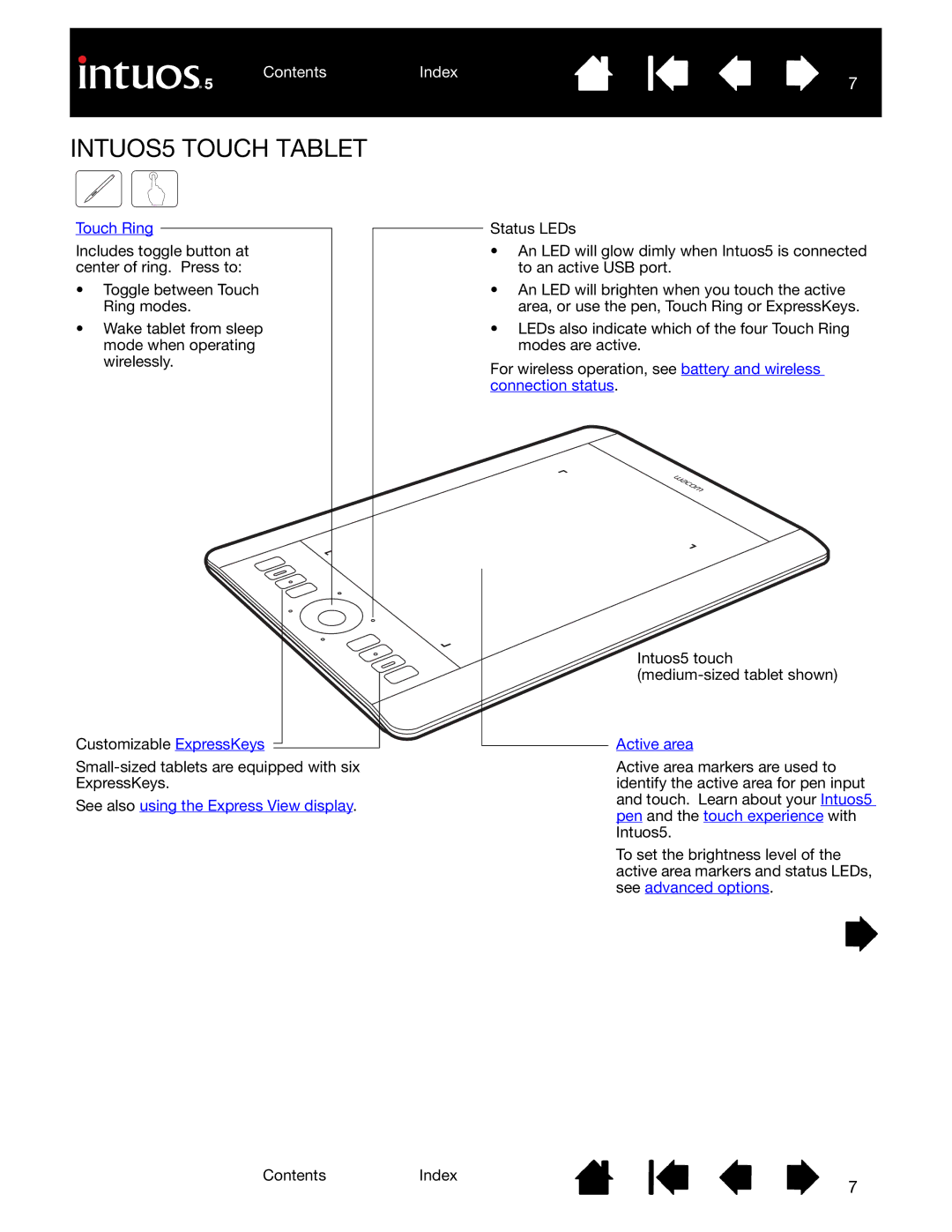 Wacom PTH-450, PTH-850, PTK-650 INTUOS5 Touch Tablet, Touch Ring, See also using the Express View display, Active area 