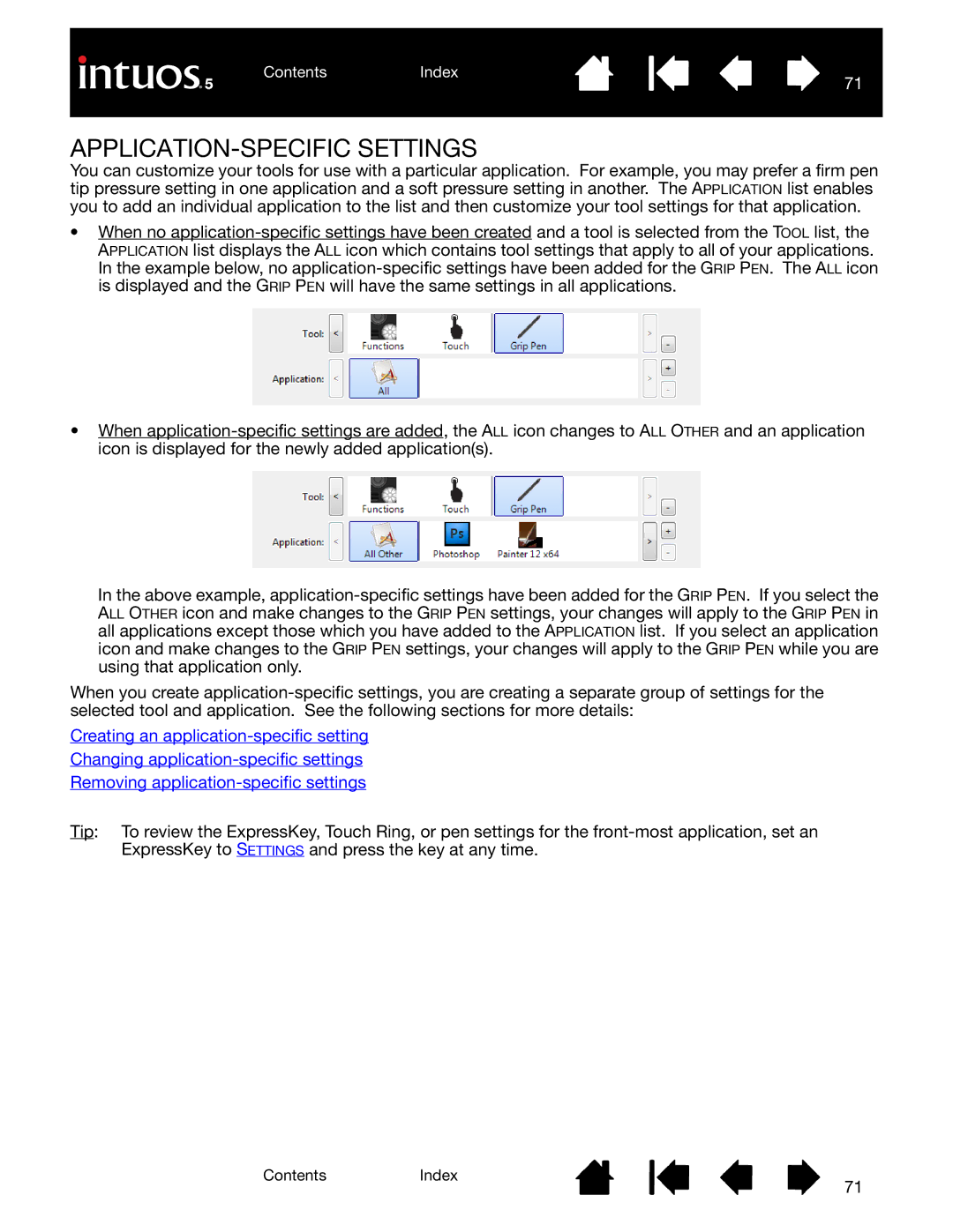 Wacom PTK-650, PTH-850, PTH-450, PTK-450, PTH-650 user manual APPLICATION-SPECIFIC Settings 