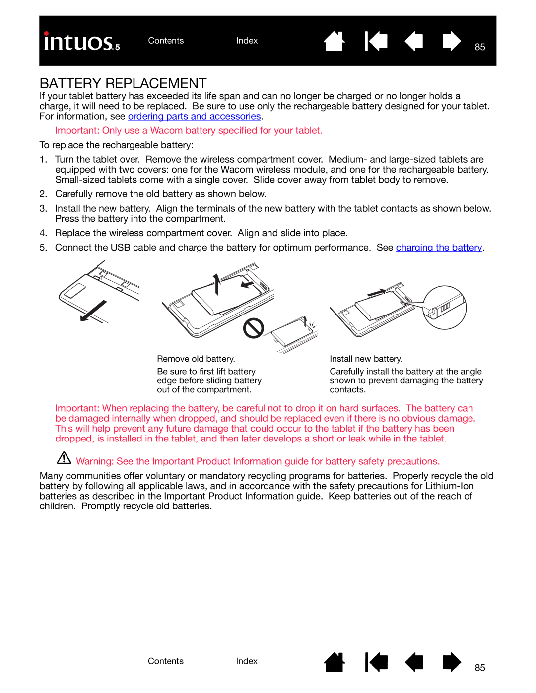 Wacom PTH-850, PTK-650, PTH-450, PTK-450, PTH-650 user manual Battery Replacement 