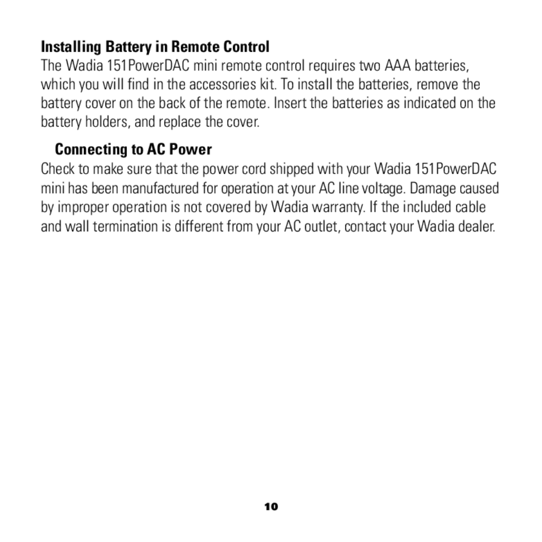 Wadia Digital 151 manual Installing Battery in Remote Control, Connecting to AC Power 