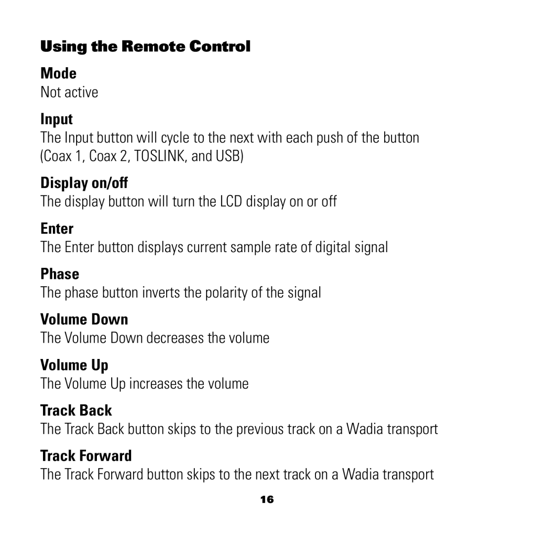 Wadia Digital 151 Using the Remote Control Mode, Display on/off, Enter, Volume Down, Volume Up, Track Back, Track Forward 