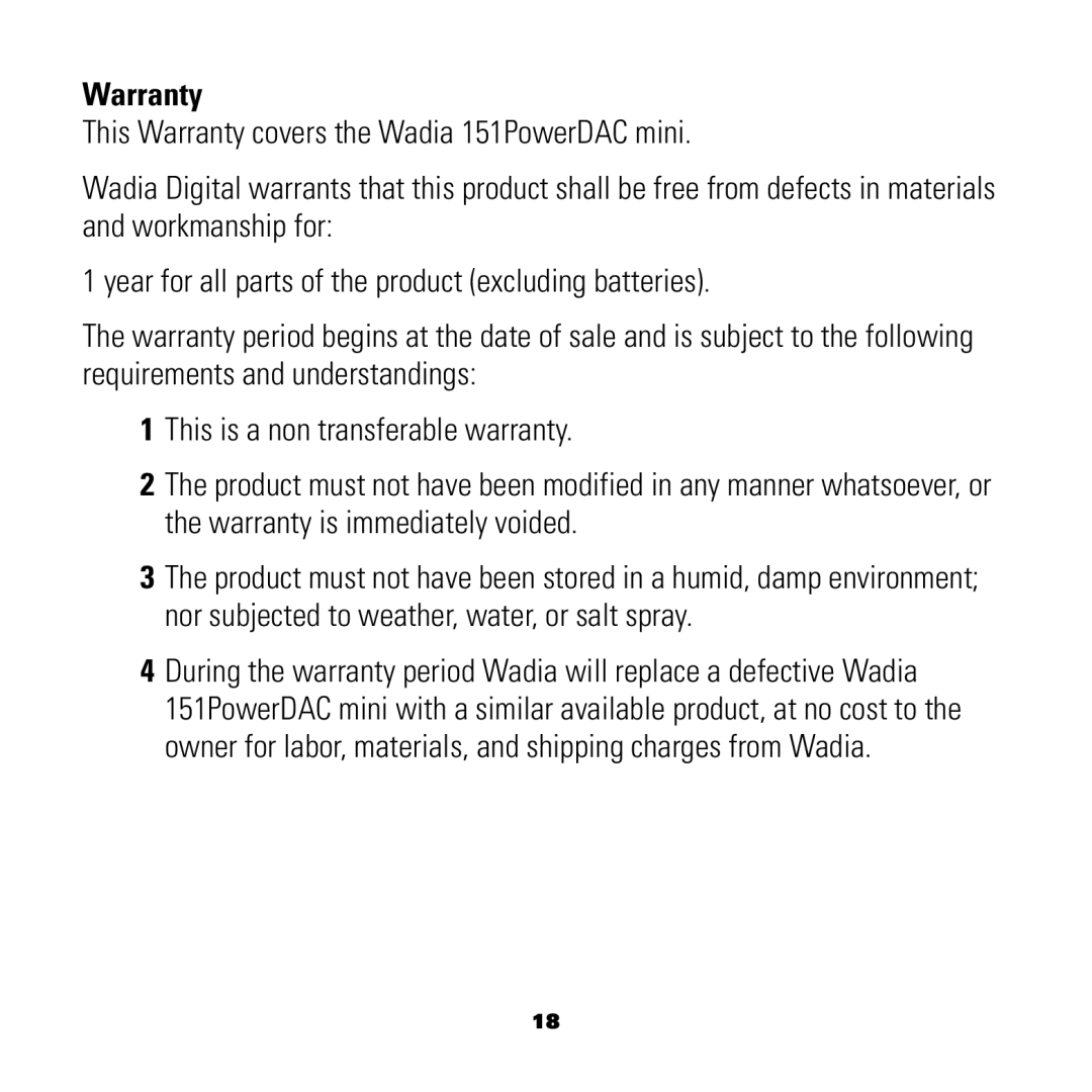 Wadia Digital 151 manual Warranty 