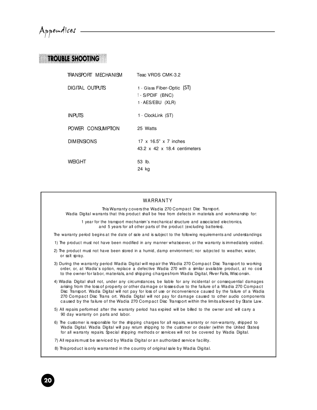 Wadia Digital 270 operation manual Transport Mechanism 