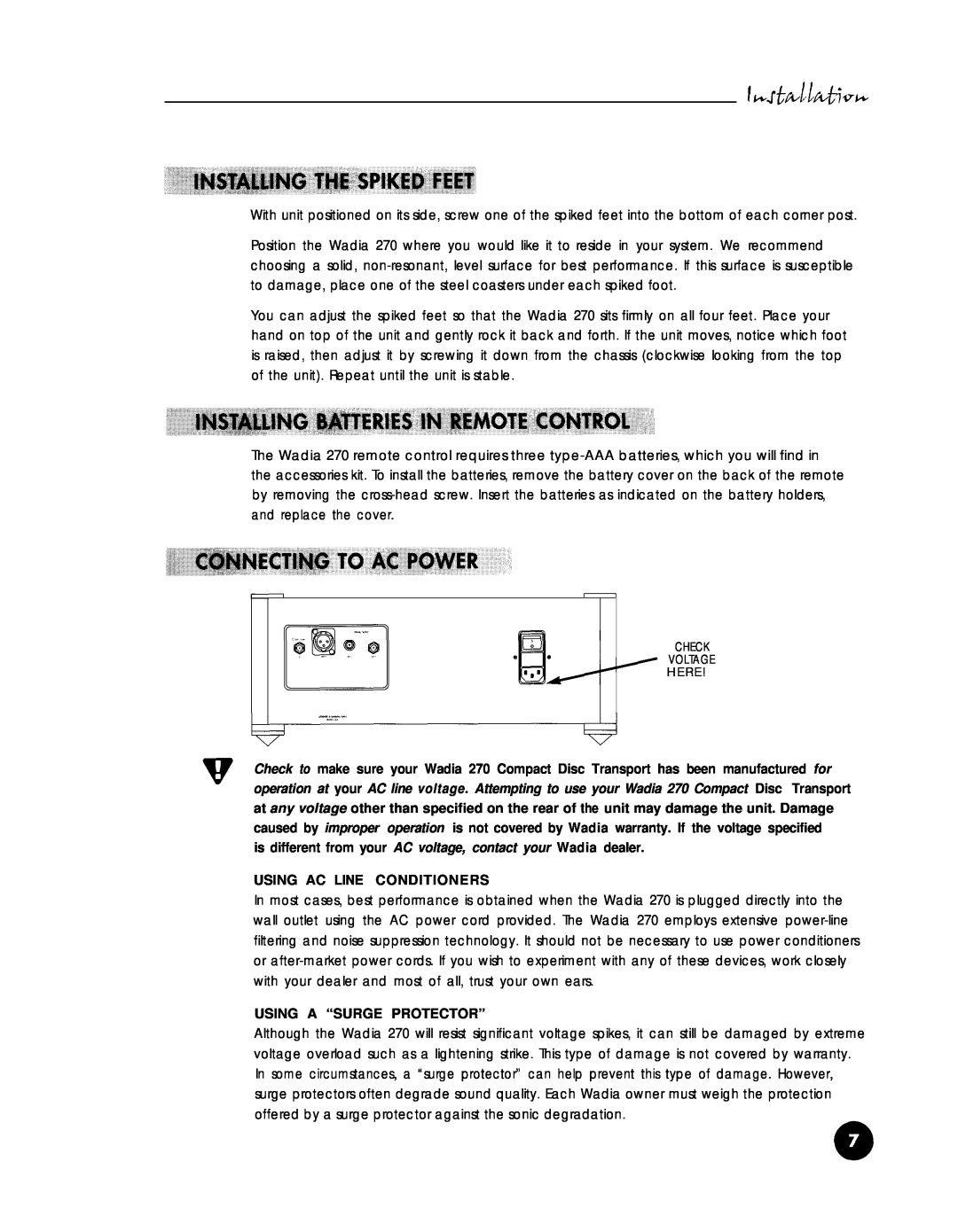 Wadia Digital 270 operation manual Using Ac Line Conditioners, Using A “Surge Protector”, Check Voltage A. H E R E 