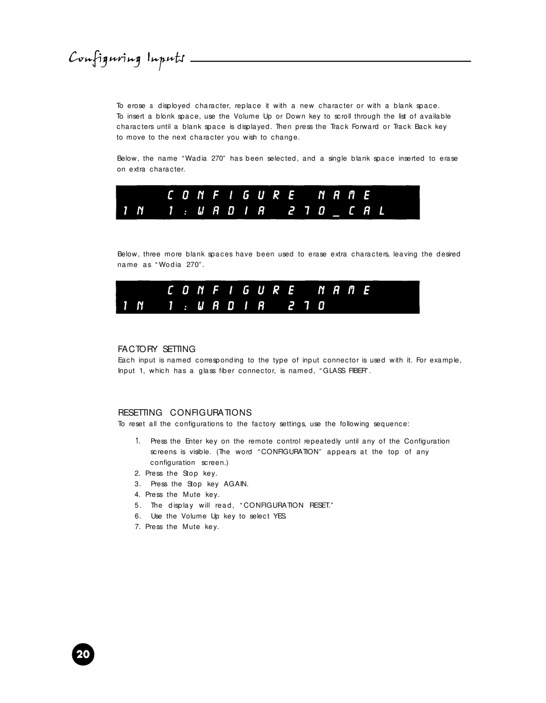 Wadia Digital 27i operation manual Resetting Configurations 