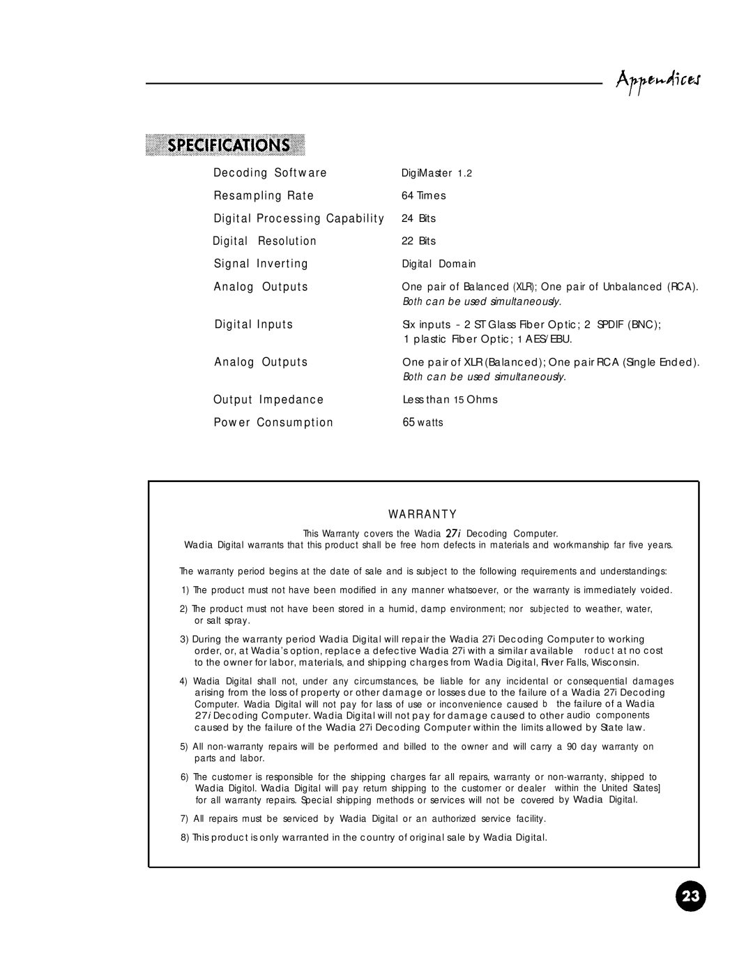 Wadia Digital 27i operation manual Warranty 