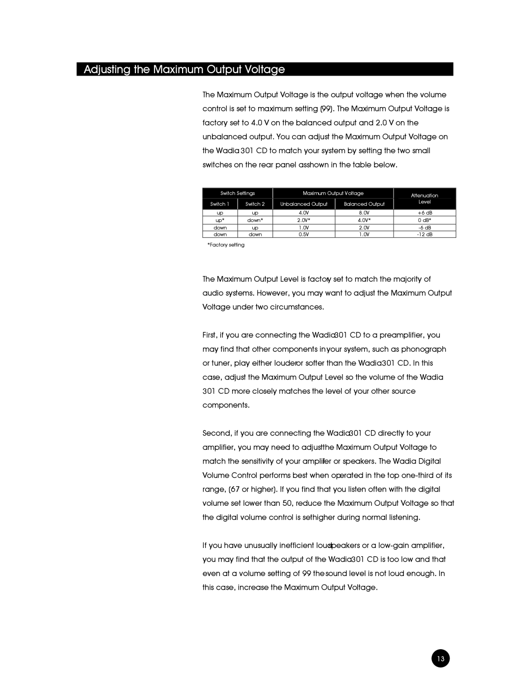 Wadia Digital 301 owner manual Adjusting the Maximum Output Voltage 