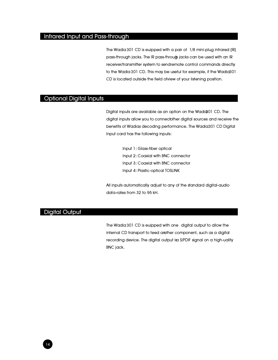 Wadia Digital 301 owner manual Infrared Input and Pass-through, Optional Digital Inputs, Digital Output 