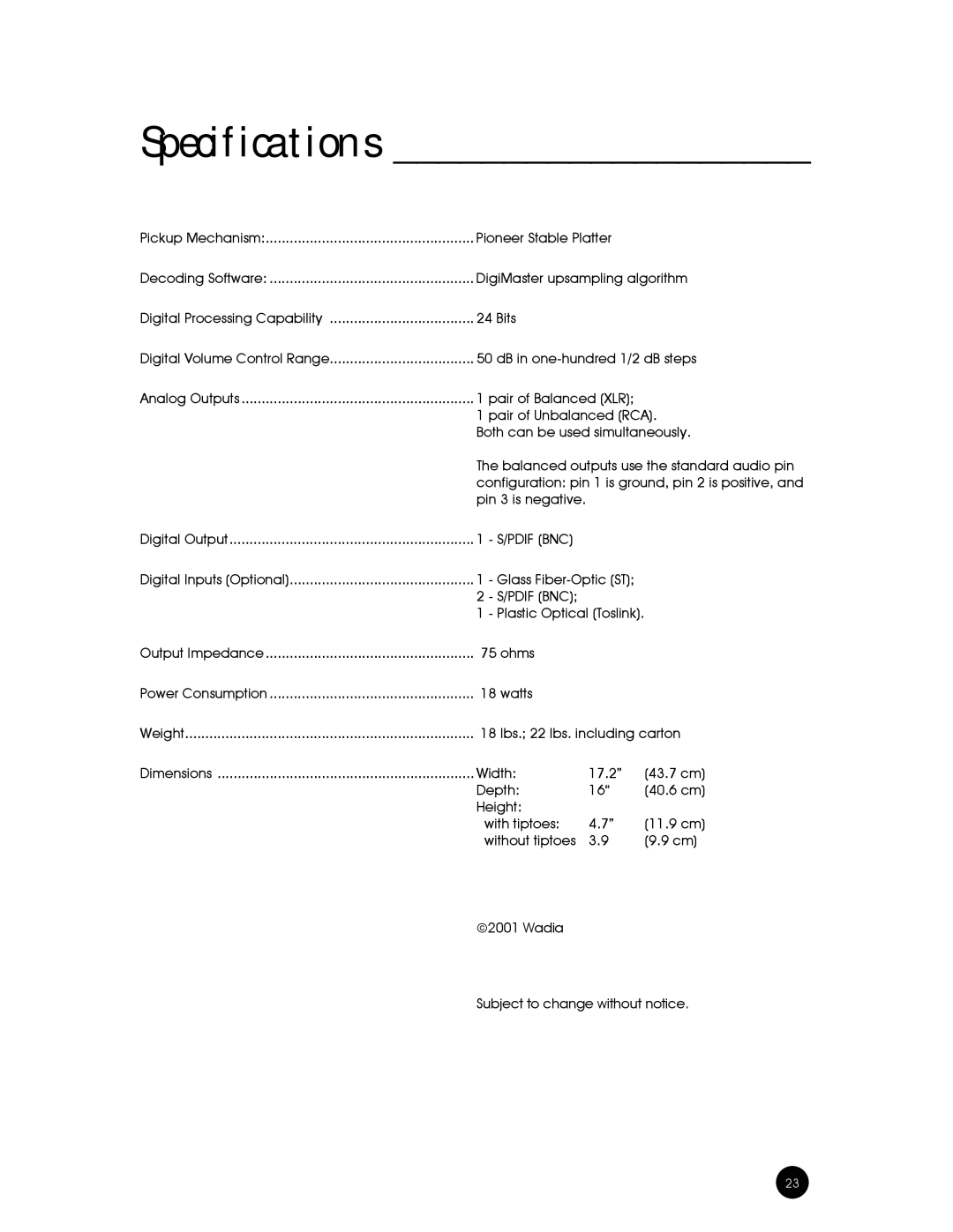 Wadia Digital 301 owner manual Specifications 