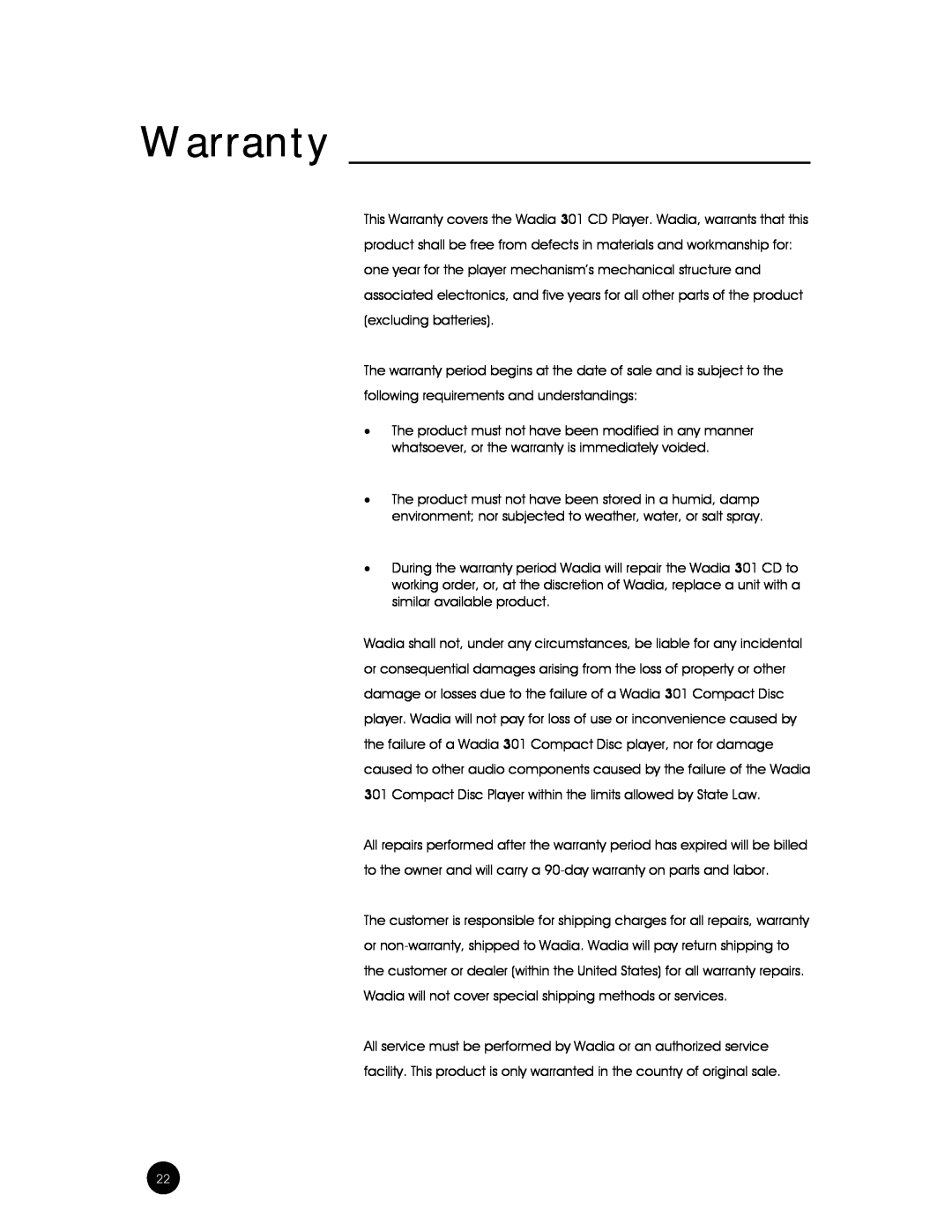 Wadia Digital 301 owner manual Warranty 