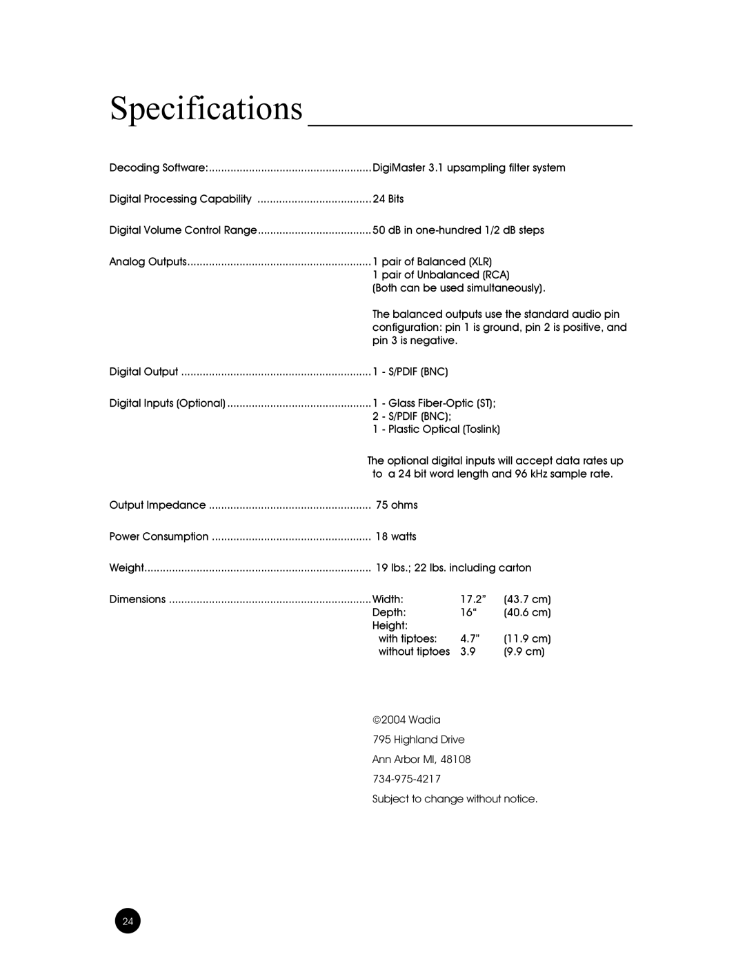 Wadia Digital 302 owner manual Specifications 