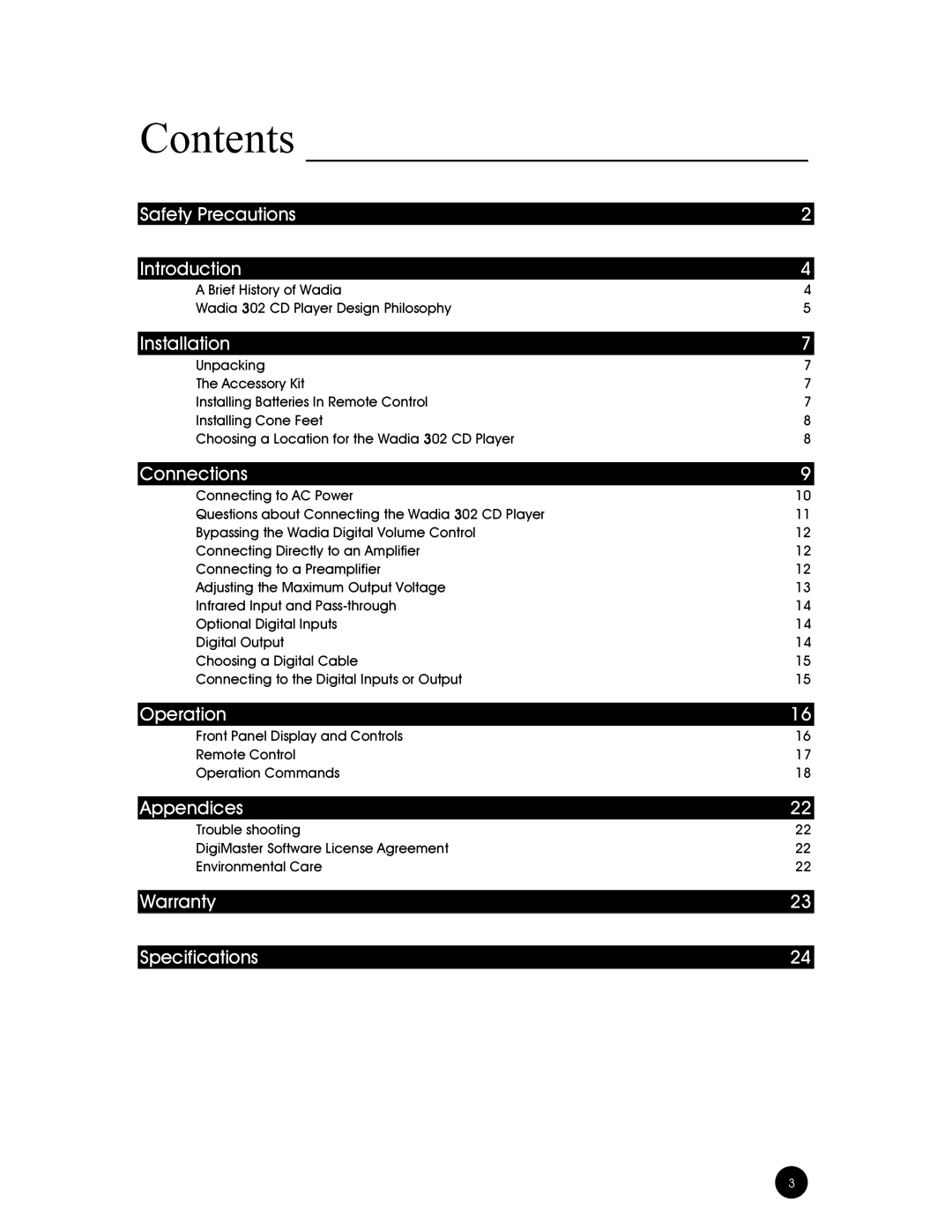 Wadia Digital 302 owner manual Contents 