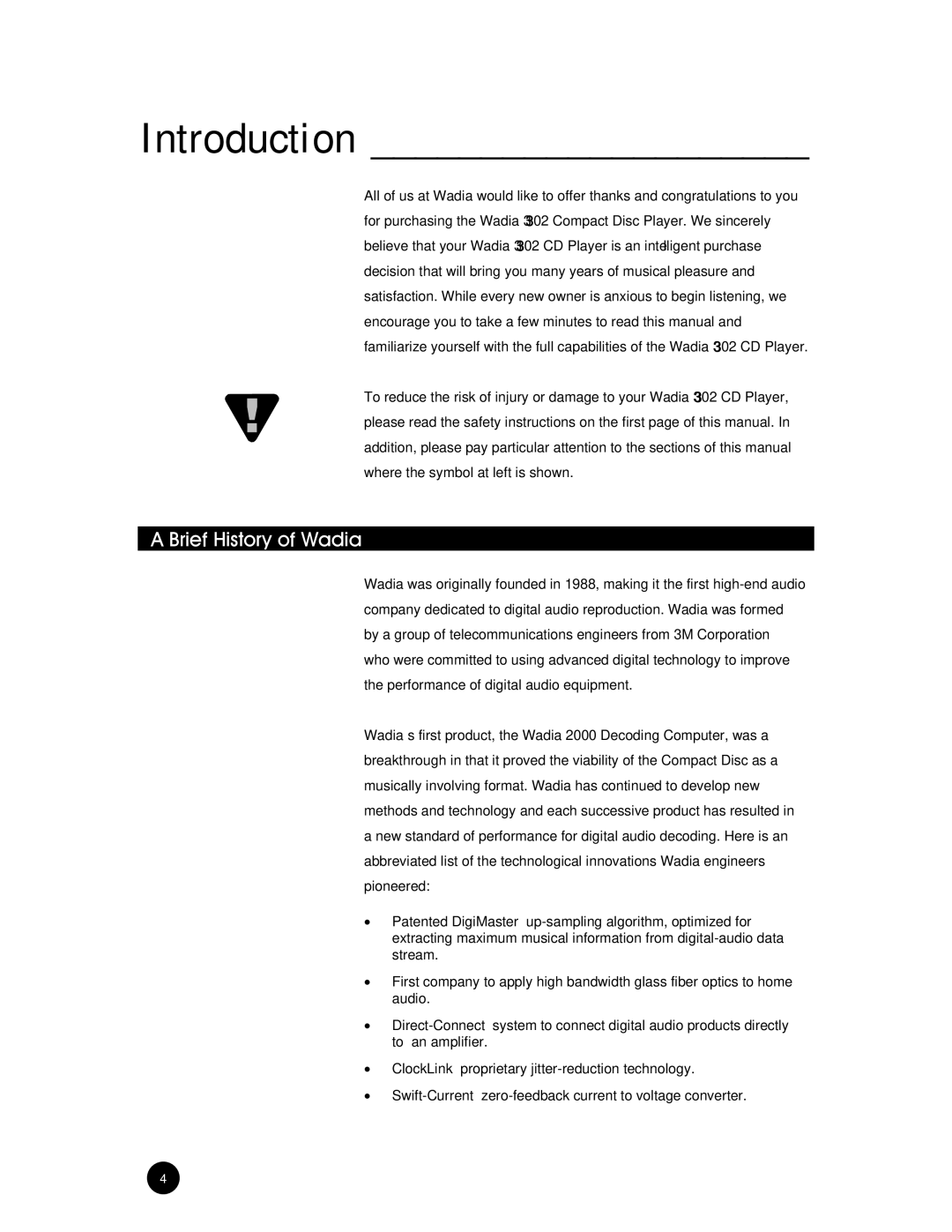 Wadia Digital 302 owner manual Introduction, Brief History of Wadia 