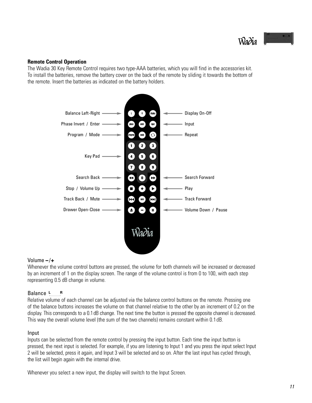 Wadia Digital 381I operation manual Remote Control Operation, Input 