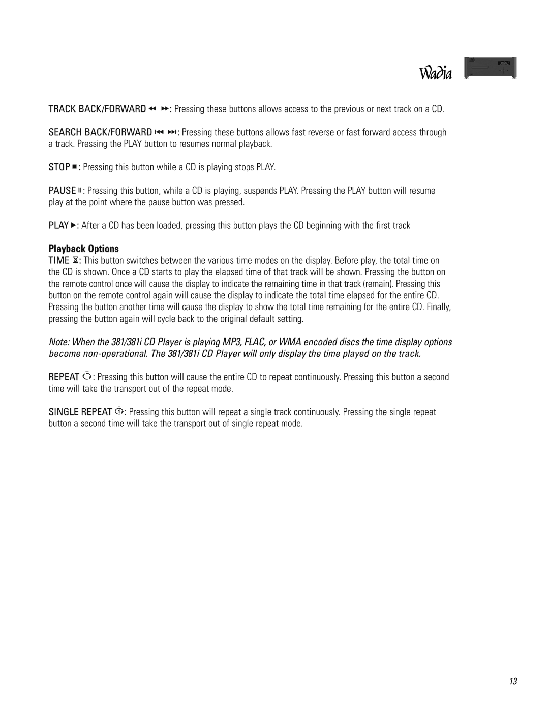 Wadia Digital 381I operation manual Playback Options 