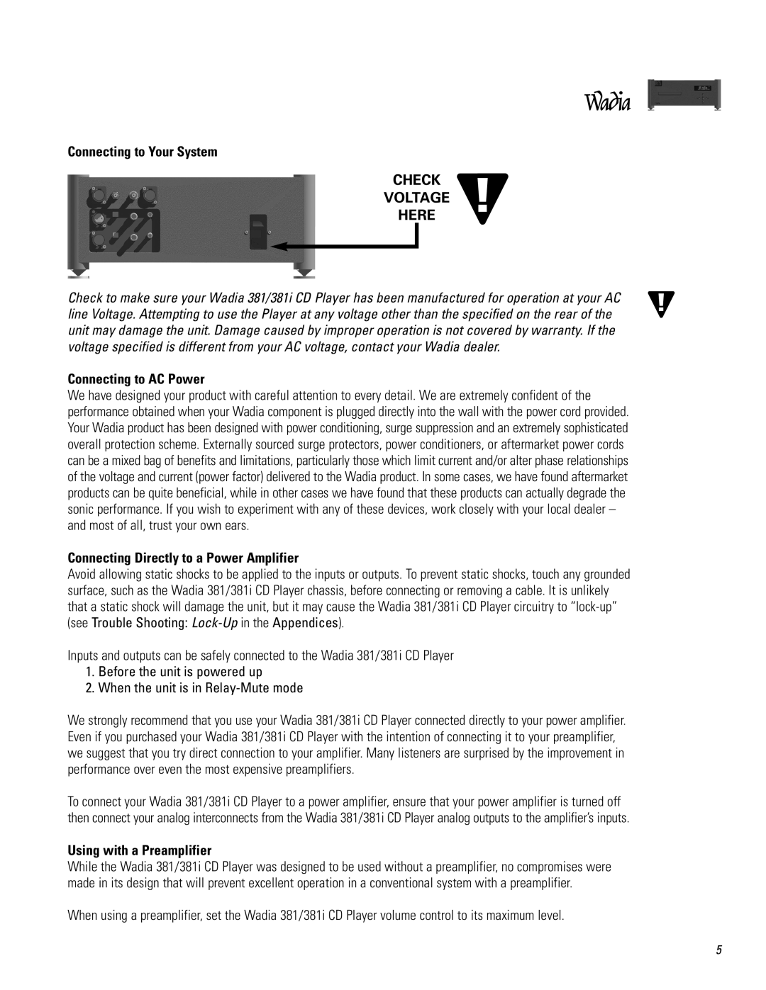 Wadia Digital 381I Connecting to Your System, Connecting to AC Power, Connecting Directly to a Power Amplifier 