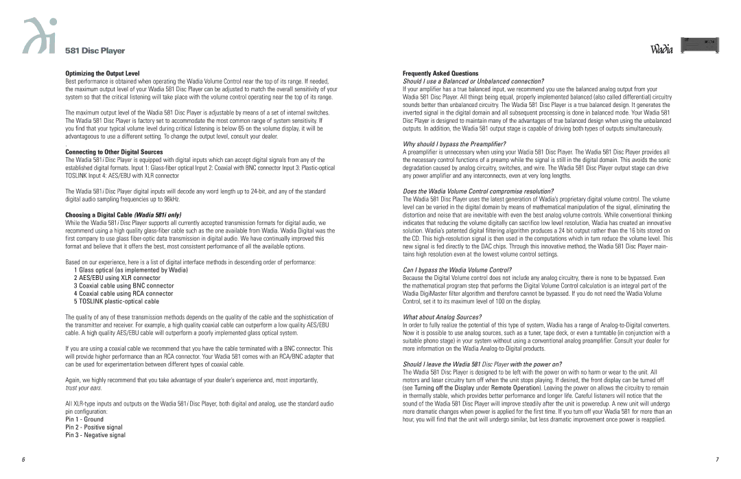 Wadia Digital 581 Optimizing the Output Level, Connecting to Other Digital Sources, Frequently Asked Questions 