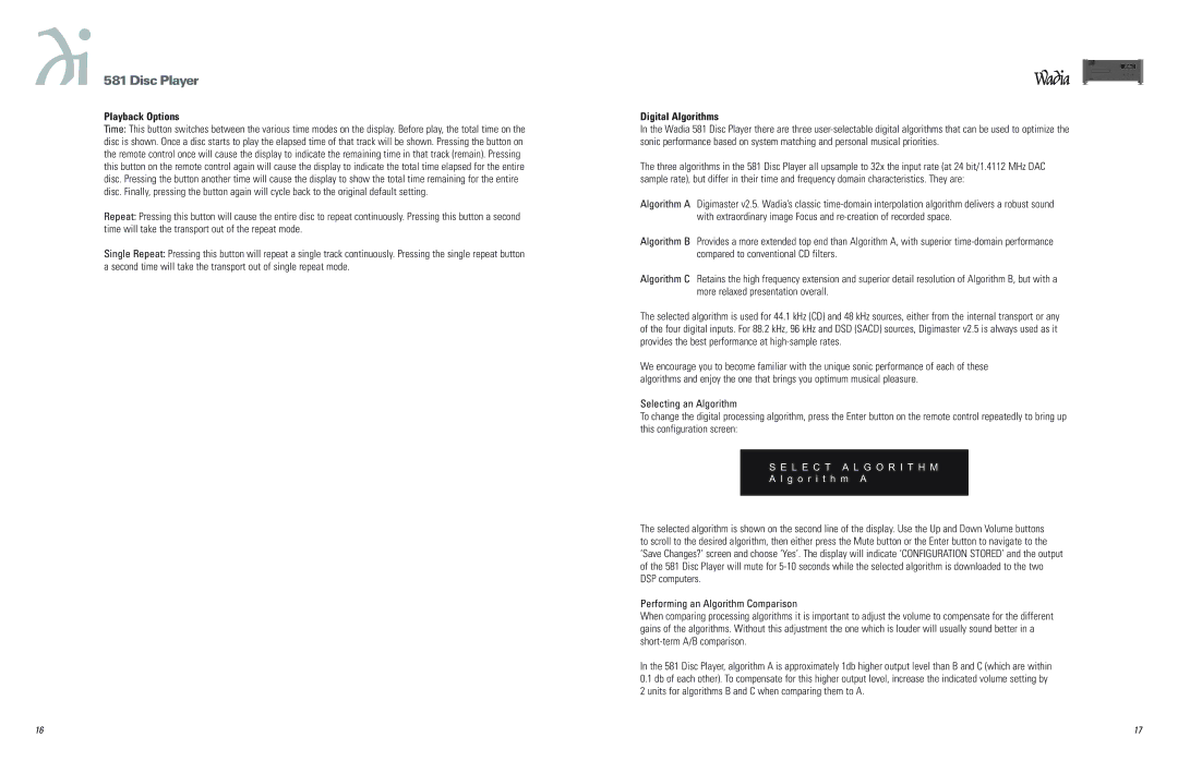 Wadia Digital 581 operation manual Playback Options, Digital Algorithms 