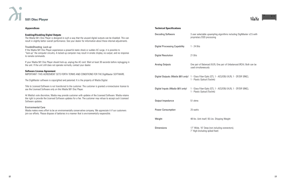 Wadia Digital 581 Appendices Enabling/Disabling Digital Outputs, Software License Agreement, Technical Specifications 