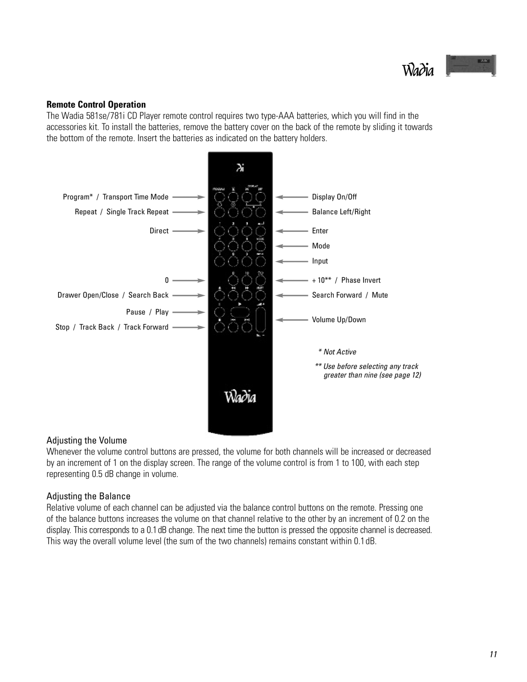 Wadia Digital 781I, 581SE operation manual Remote Control Operation, Pause / Play Volume Up/Down 