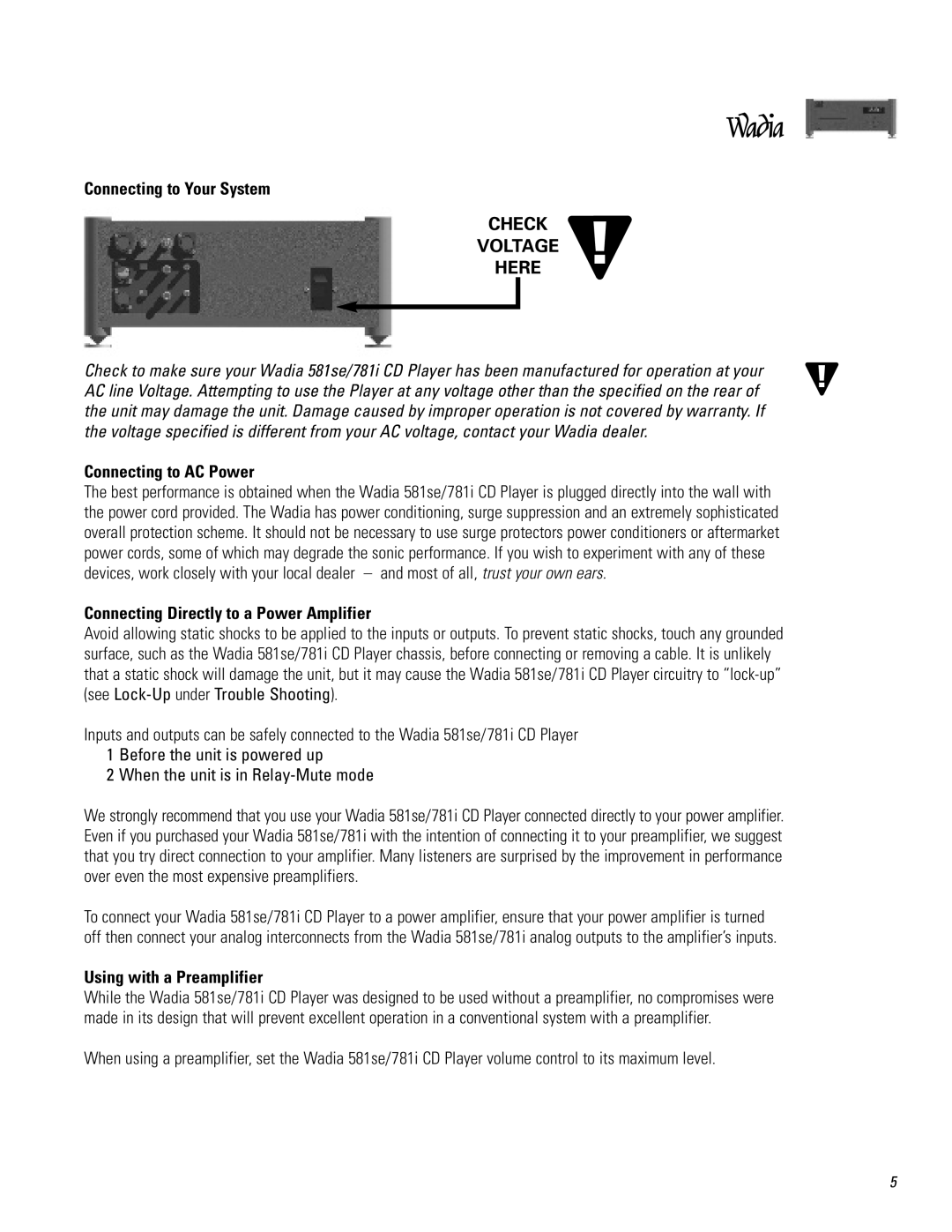 Wadia Digital 781I, 581SE Connecting to Your System, Connecting to AC Power, Connecting Directly to a Power Amplifier 