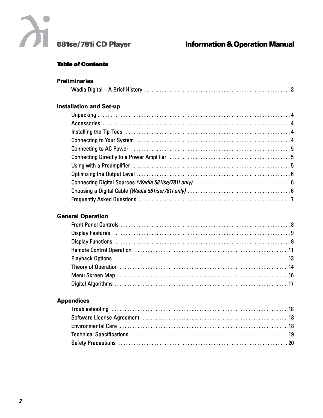 Wadia Digital 581SE, 781I Table of Contents Preliminaries, Installation and Set-up, General Operation, Appendices 