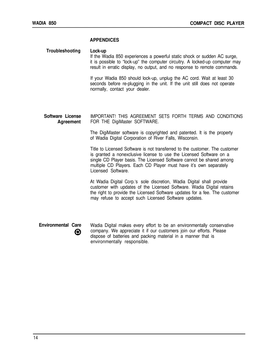 Wadia Digital 850 manual Appendices, Troubleshooting Lock-up, Environmental Care 