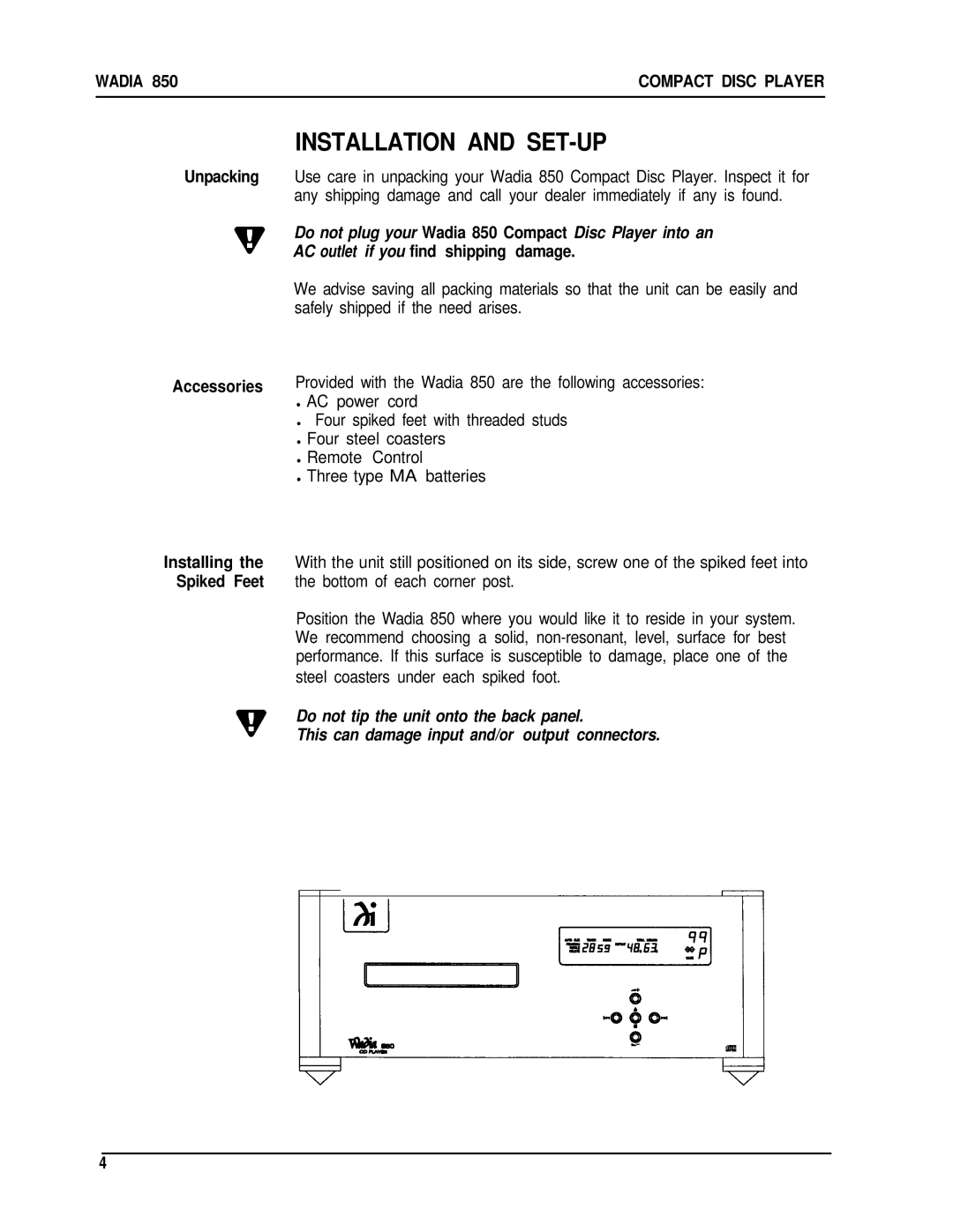 Wadia Digital 850 manual Installation and SET-UP, AC outlet if you find shipping damage 