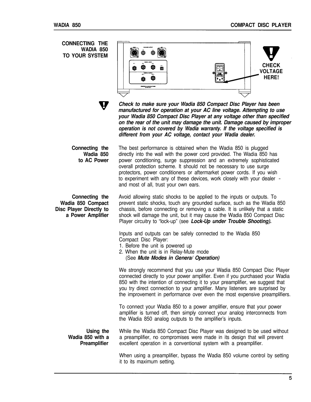 Wadia Digital 850 manual Connecting Wadia To Your System Check Voltage Here 