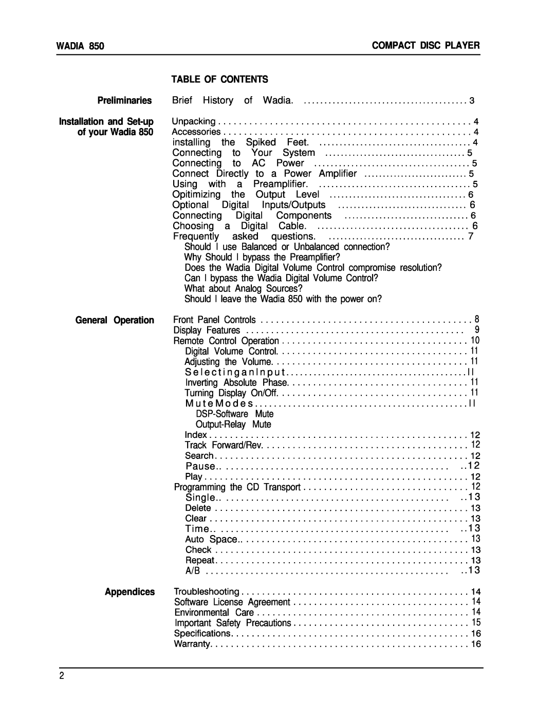 Wadia Digital 850 manual Table Of Contents, Preliminaries, of your Wadia, General Operation, Appendices 