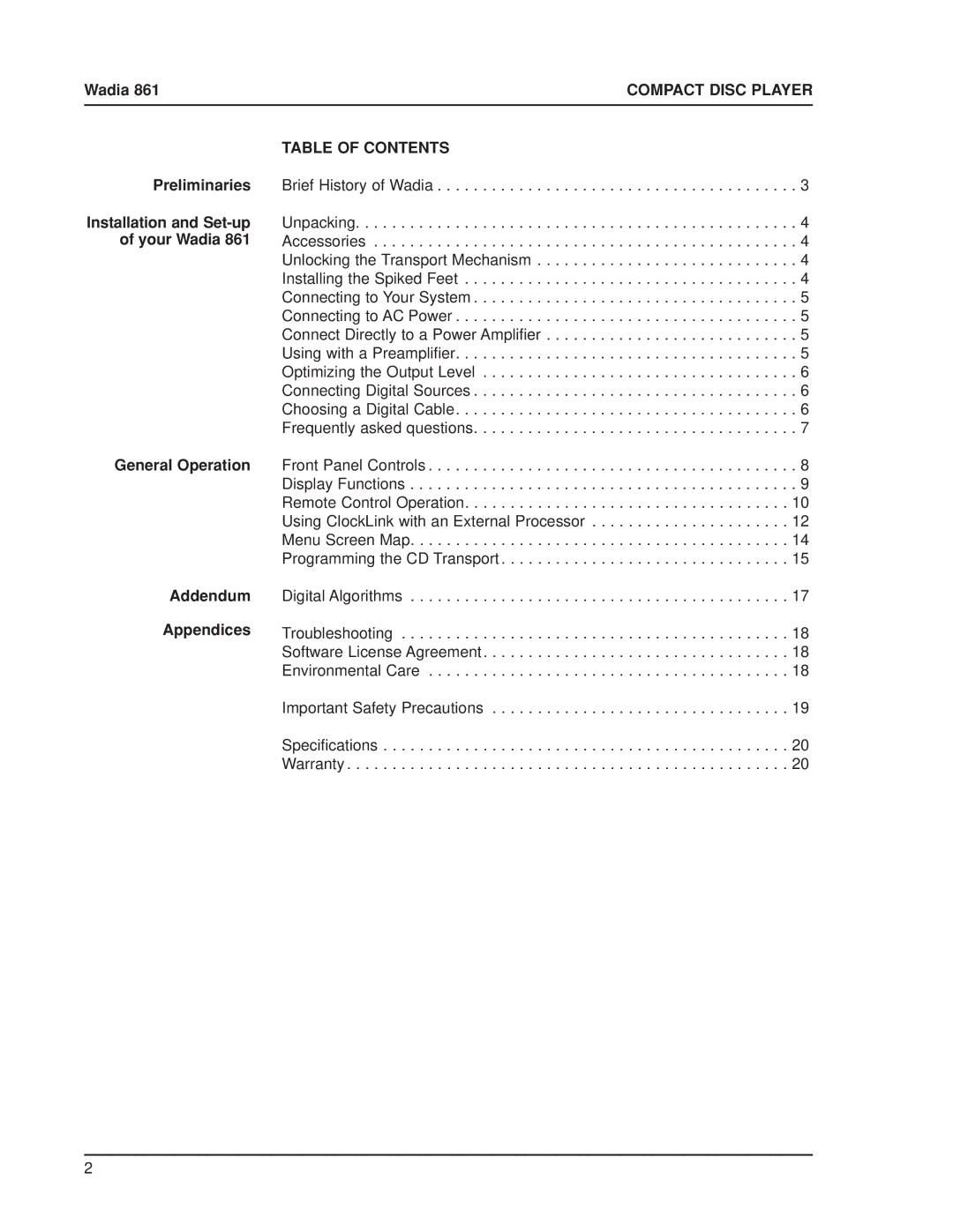 Wadia Digital 861 manual Compact Disc Player, Table of Contents 