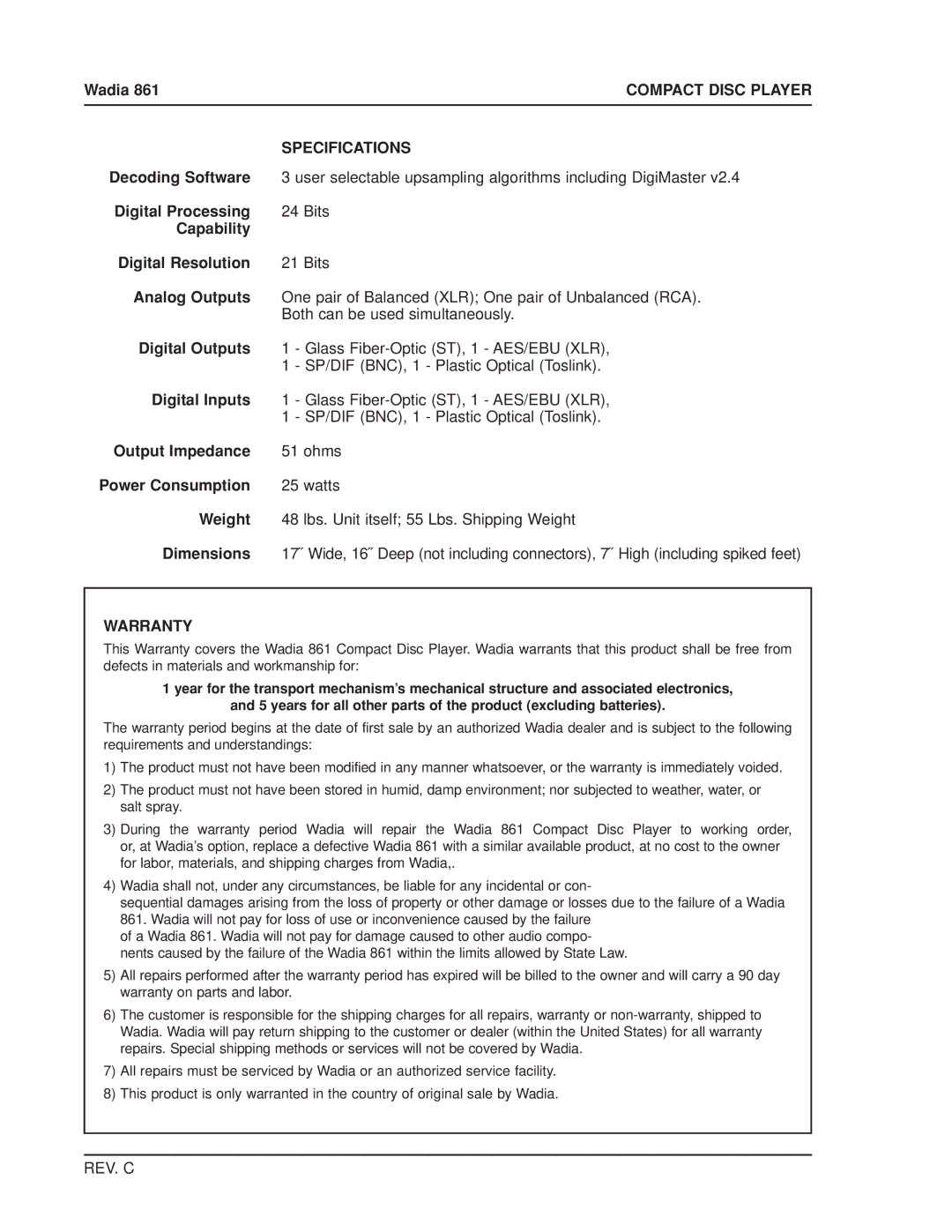 Wadia Digital 861 manual Specifications, Warranty 