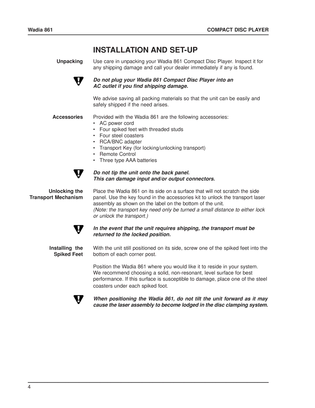 Wadia Digital 861 manual Installation and SET-UP 