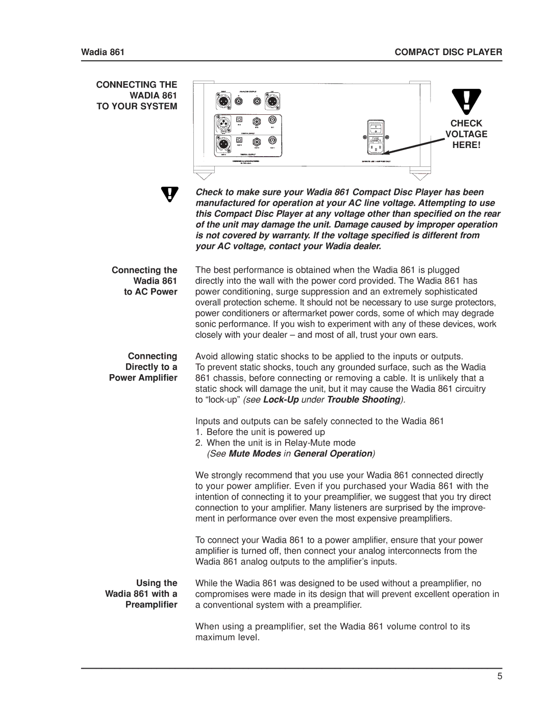 Wadia Digital 861 manual Connecting Wadia To Your System Check Voltage Here 