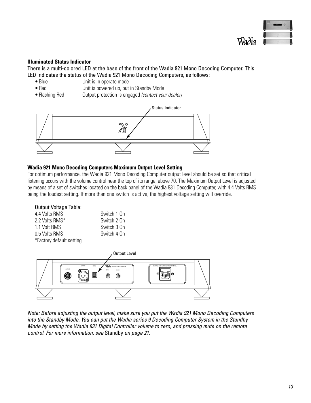 Wadia Digital 931921 operation manual Illuminated Status Indicator 