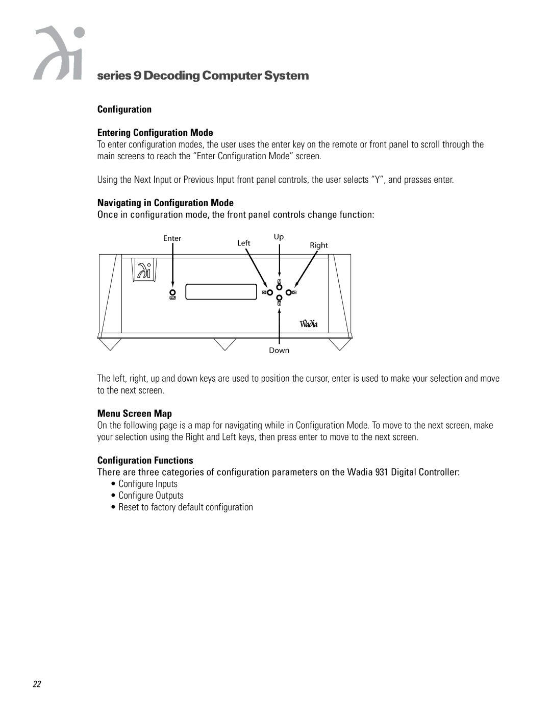 Wadia Digital 931921 Configuration Entering Configuration Mode, Navigating in Configuration Mode, Menu Screen Map 