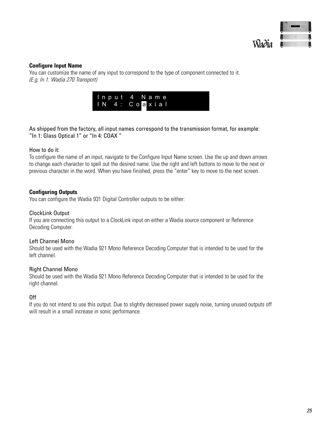 Wadia Digital 931921 operation manual Configure Input Name, Inpu Ame Xi al, Configuring Outputs 