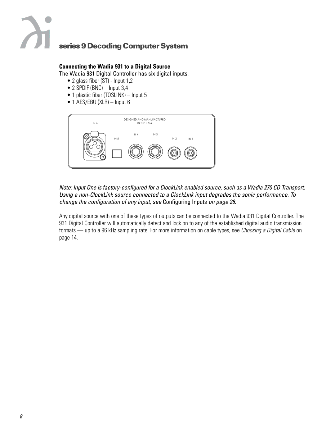 Wadia Digital 931921 operation manual Connecting the Wadia 931 to a Digital Source 