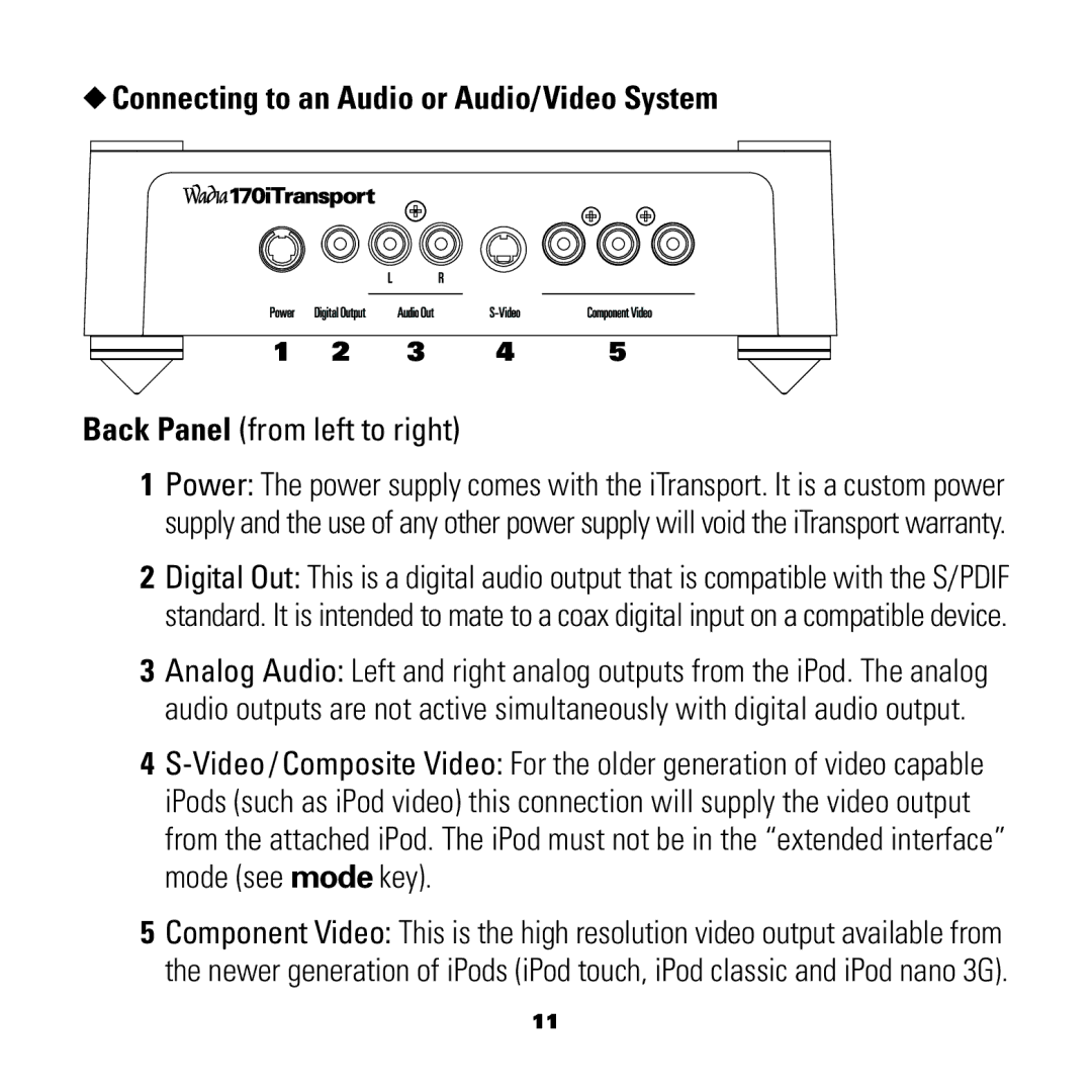 Wadia Digital iTransport with Universal Dock for iPod, 170 manual Connecting to an Audio or Audio/Video System 