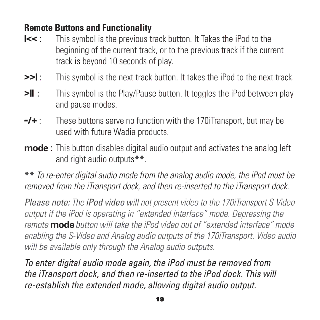 Wadia Digital iTransport with Universal Dock for iPod, 170 manual Remote Buttons and Functionality 