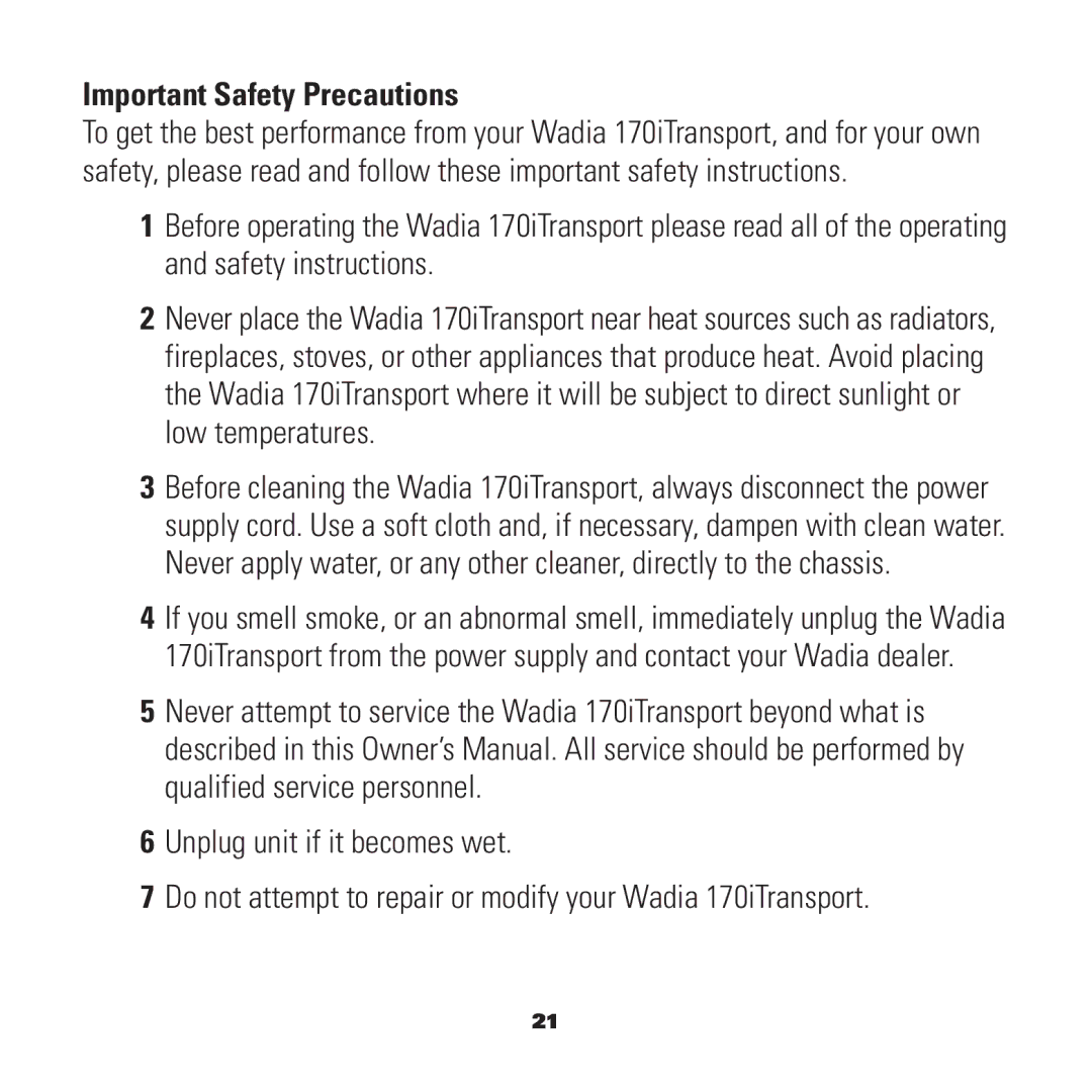 Wadia Digital iTransport with Universal Dock for iPod, 170 manual Important Safety Precautions 