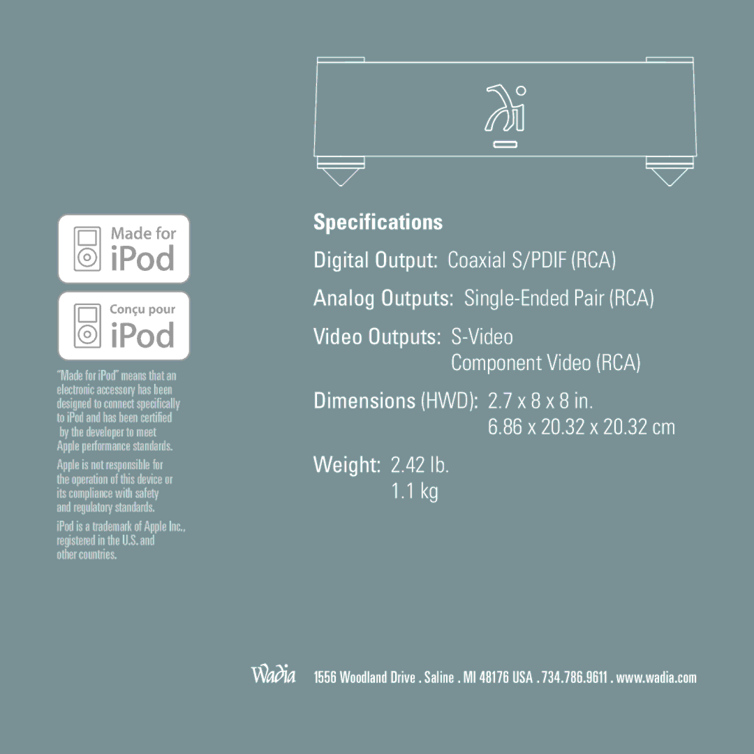 Wadia Digital 170, iTransport with Universal Dock for iPod manual Specifications 