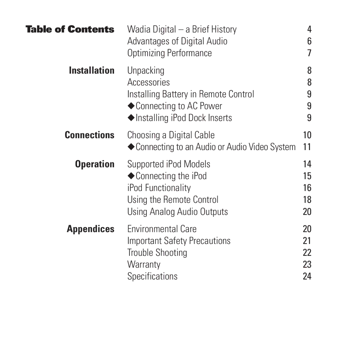 Wadia Digital iTransport with Universal Dock for iPod Table of Contents, Installation, Connections, Operation, Appendices 