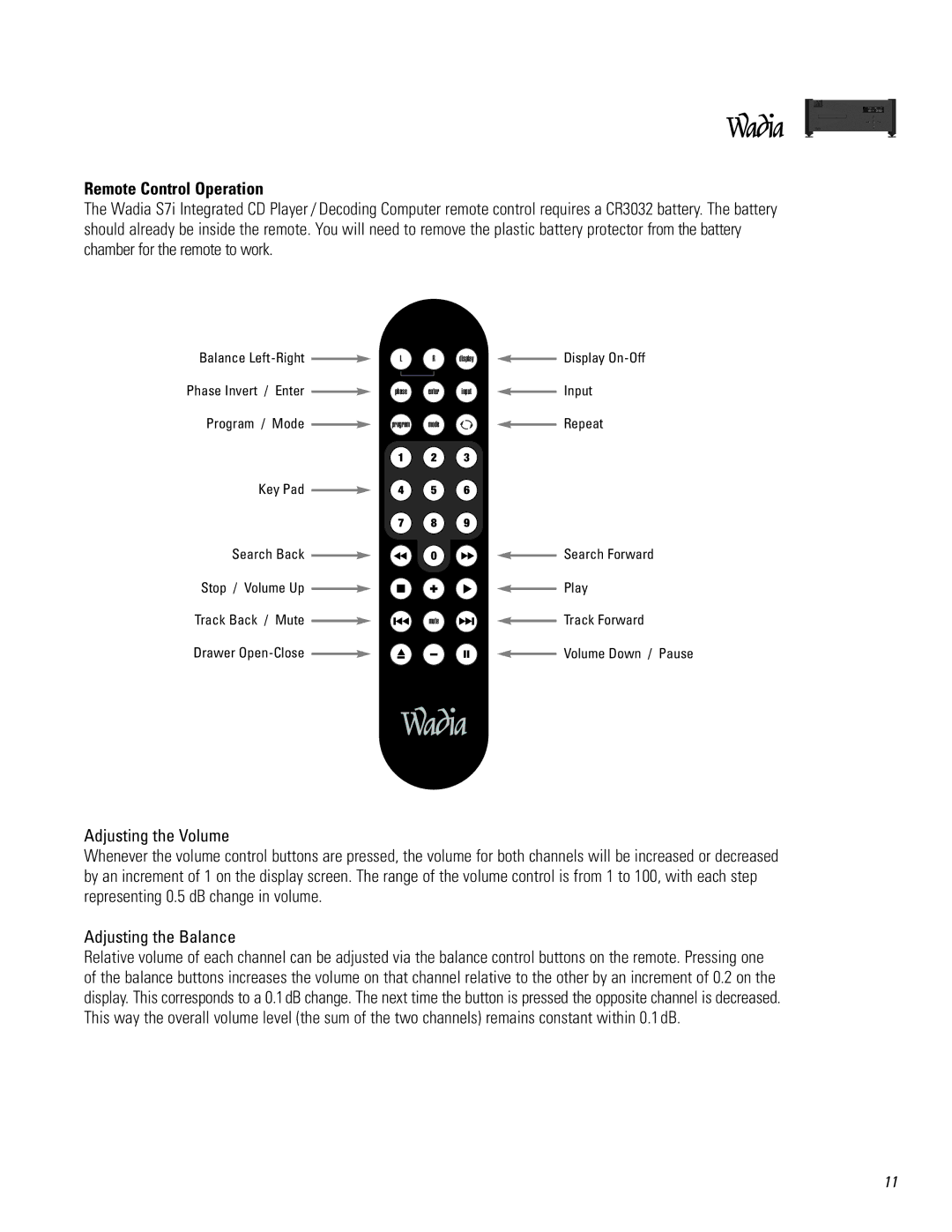 Wadia Digital S7I operation manual Remote Control Operation 